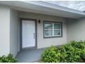 Close-up of the home's entrance featuring a white front door and neat landscaping at 3338 Sw 165Th Loop, Ocala, FL 34473