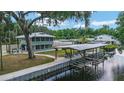 Back exterior view of a home with a dock on the water, and plenty of outdoor seating at 24628 Fox Rd, Astor, FL 32102
