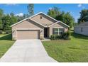 Charming single-story home featuring a well-manicured lawn, attached garage, and neutral-toned exterior at 160 Hickory Course Loop, Ocala, FL 34472