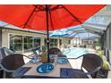 Outdoor dining area with umbrellas and a view of the screened-in pool at 15119 Sw 14Th Avenue Rd, Ocala, FL 34473