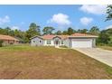 A single-story home featuring a neutral gray paint scheme, brown roof, long driveway, and an attached two-car garage at 14550 Sw 61St Ct, Ocala, FL 34473