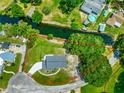 Aerial view of the property showing the home's location on a waterfront lot with mature trees at 15621 Se 103Rd Ter, Summerfield, FL 34491