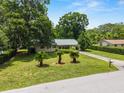 A single-story home surrounded by large trees and green lawn featuring three palm trees in the front at 3621 Se 12Th Pl, Ocala, FL 34471
