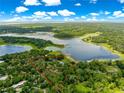 An aerial view shows the property lines on this waterfront property, surrounded by mature trees and pristine lake views at 3000 Pine Grove Ln, Lady Lake, FL 32159
