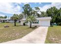 Charming single-story home with well-kept lawn, accented by palm trees and a delightful turquoise door and awnings at 8247 Sw 105Th Pl, Ocala, FL 34481