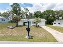 Charming single-story home with well-kept lawn, accented by palm trees and a delightful turquoise door and awnings at 8247 Sw 105Th Pl, Ocala, FL 34481