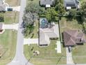 Aerial view of the home featuring a screened-in pool, spacious yard, and neighborhood at 5347 Pecan Rd, Ocala, FL 34472