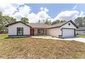 Charming single-story home featuring stone accents, a two-car garage, fresh grass, and a welcoming front door at 28 Water Track Dr, Ocala, FL 34472