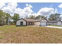 Charming single-story home featuring stone accents, a two-car garage, fresh grass, and a welcoming front door at 28 Water Track Dr, Ocala, FL 34472