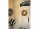 Close-up of front door, decorated with seasonal wreaths and a lush potted plant for a welcoming entrance at 19480 Sw 100Th Loop, Dunnellon, FL 34432