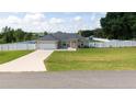 Well-kept single story home with a two-car garage, green lawn and white fence under a sunny sky at 6250 Se 88Th St, Ocala, FL 34472