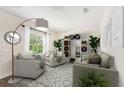 Bright staged living room with modern décor featuring neutral tones, large windows, and a stylish bookshelf at 192 Viola Dr, Auburndale, FL 33823