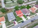 Aerial view of a neighborhood showcasing a well-maintained house with an orange roof at 3526 Warbler Way, Kissimmee, FL 34746