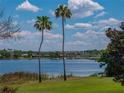Scenic lake view featuring two palm trees and distant waterfront homes under a partly cloudy sky at 125 E Graham Park Dr, Haines City, FL 33844