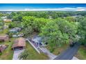Overhead shot displays the home with large surrounding trees, carport, and spacious driveway at 320 S Elm Rd, Lakeland, FL 33801