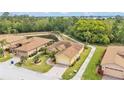 Aerial view of a well-maintained home with lush greenery, landscaping, pond, and a brick-paved driveway at 5341 Hogan Ln, Winter Haven, FL 33884