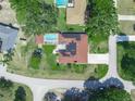 Aerial view of a property with a private screened-in pool, solar panels and a spacious backyard at 4333 Shadow Wood Way, Winter Haven, FL 33880