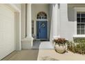 Inviting covered entryway with vibrant blue door and decorative wreath flanked by potted plants and sidelight windows at 135 Minniehaha Cir, Haines City, FL 33844