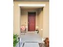 Welcoming entryway featuring a stylish front door, charming floral chair, and decorative potted plants at 1378 Fox Squirrel Dr, Davenport, FL 33897