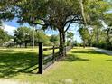 Expansive green lawn with mature trees and a black wooden fence at 1976 Holy Cow Rd, Polk City, FL 33868