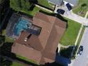 Aerial view of home with screened-in pool, patio, and well-manicured backyard at 413 Sandy Hill Dr, Longwood, FL 32779