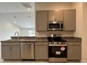 Modern kitchen featuring stainless steel appliances and gray cabinets at 280 Harper Estates Cir, Lake Wales, FL 33859