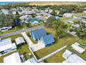 Aerial view of a blue house with an attached garage and a long driveway in a quiet neighborhood with mature trees at 435 Lantern Dr, Kenansville, FL 34739