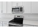 Close-up of modern kitchen appliances, including a stainless steel microwave and electric range at 4224 Sawtooth Ct, Tavares, FL 32778