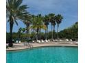 Relaxing community pool with swaying palm trees, ample lounge chairs, and clear blue water for residents enjoyment at 2937 Bella Flore Ter, New Smyrna Beach, FL 32168