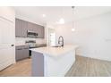 Contemporary kitchen boasts gray cabinets, stainless steel appliances and an island at 2571 Sw 153Rd Lane, Ocala, FL 34473