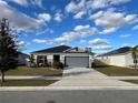 Front view of a one-story house with gray siding, a gray garage door, and a basketball hoop at 503 Summer Grove Ln, Haines City, FL 33844