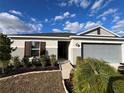 Curb appeal of a one-story home with gray siding, landscaping, and a two-car garage at 503 Summer Grove Ln, Haines City, FL 33844