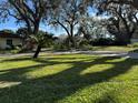 Landscaped front yard with mature trees and a paved driveway at 825 E Lake Shore Blvd, Kissimmee, FL 34744