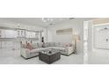 Bright living room featuring an L-shaped sofa, modern lighting, and white tile flooring at 3209 Eagle Watch Dr, Kissimmee, FL 34746