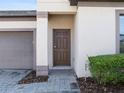 Close-up of front door with sidelight windows and paver walkway at 194 Aidans Lndg, Haines City, FL 33844