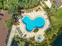 Aerial view of a community pool with lush landscaping, lounge chairs, and a hot tub at 8708 Papaya Dr, Kissimmee, FL 34747
