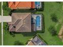 Aerial view of a home with a screened pool and patio in a lush, green neighborhood at 5411 Oakgrain Ct, Davenport, FL 33837