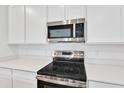 Close-up of stainless steel appliances and sleek countertops, complemented by stylish white cabinetry at 1131 Olivine Ave, Dundee, FL 33838