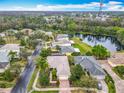 Gorgeous aerial view of neighborhood homes near a tranquil pond surrounded by lush greenery and mature trees at 100 Ventana Dr, Kissimmee, FL 34759