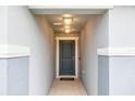 Covered entryway featuring a gray front door with stylish lighting and a textured exterior at 1877 River Crest Ave, St Cloud, FL 34771