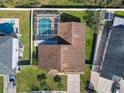 Aerial view of the property featuring a screened pool, fenced yard, and well-maintained landscaping at 3123 Fairfield Dr, Kissimmee, FL 34743