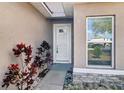 Inviting front entrance with decorative plants, glass sidelight window, and attractive stone accents at 139 Columbia Dr, Poinciana, FL 34759