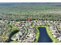 Wide aerial view of a neighborhood with a pond and lush green spaces surrounded by trees at 722 Portofino Dr, Kissimmee, FL 34759