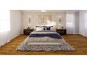 Bright bedroom featuring hardwood floors, a ceiling fan, and neutral walls with decorative art at 3607 Hidden River Ln, Tavares, FL 32778