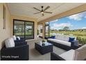 Covered patio with comfortable seating and scenic water views, virtually staged at 3607 Hidden River Ln, Tavares, FL 32778