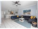Bright living room with modern furniture, stylish decor, and ample space, adjacent to the kitchen area at 8517 Crystal Cove Loop, Kissimmee, FL 34747