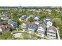 Aerial view of a home in a residential neighborhood with tree-lined streets and well-manicured lawns at 205 Norfolk Pl, Celebration, FL 34747