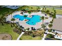 Aerial view of a community pool with lounge chairs, palm trees, and lush landscaping at 4497 Bluff Oak Loop, Kissimmee, FL 34746