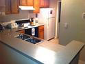 Cozy kitchen with wood cabinets, neutral countertops, and standard appliances at 8817 Dunes Ct # 8-303, Kissimmee, FL 34747