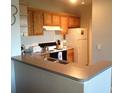 Cozy kitchen with wood cabinets, neutral countertops, and standard appliances at 8817 Dunes Ct # 8-303, Kissimmee, FL 34747